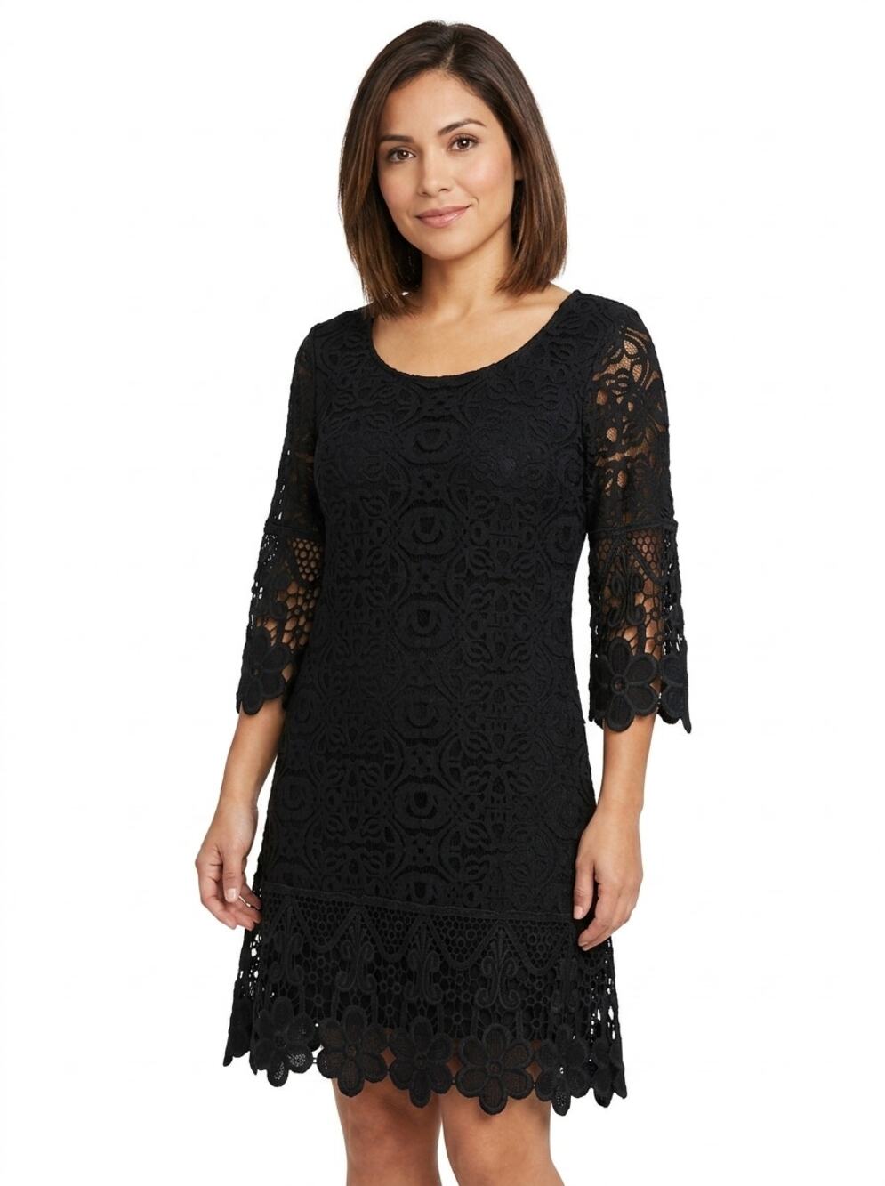 Alfani Petite Black Lace Crochet Shift Dress Solid 3/4 Sleeve Women Size PL